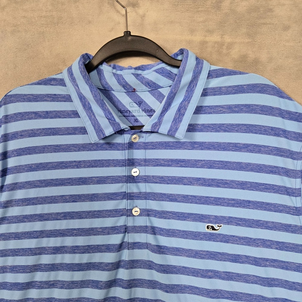 Vineyard‎ Vines Golf Polo Men XL Blue striped  *course logo sleeve* Performance